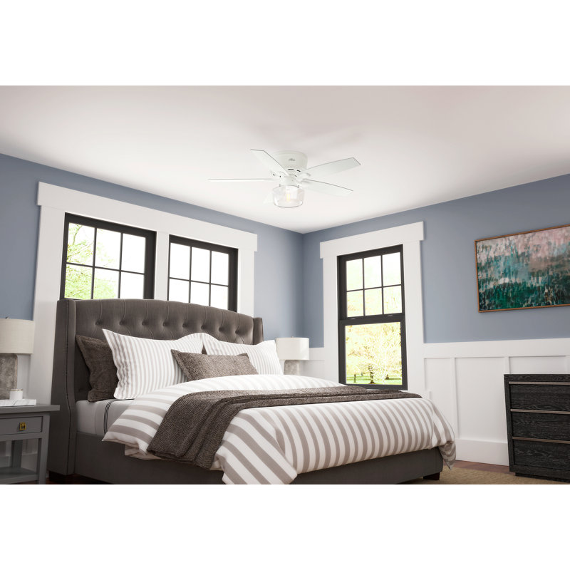 Dempsey Low Profile 44" 4 - Blade Indoor Flush Mount Small Room Ceiling Fan with Lights and Remote, Light Gray/Natural Oak