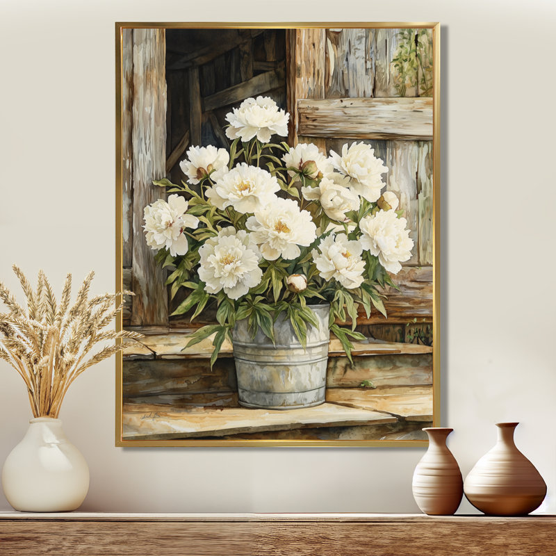 Fleurs de pivoines en pot Barnyard II - impressions de toiles de pivoines, Impression sur cadre flottant, H 20 po x l 12 po