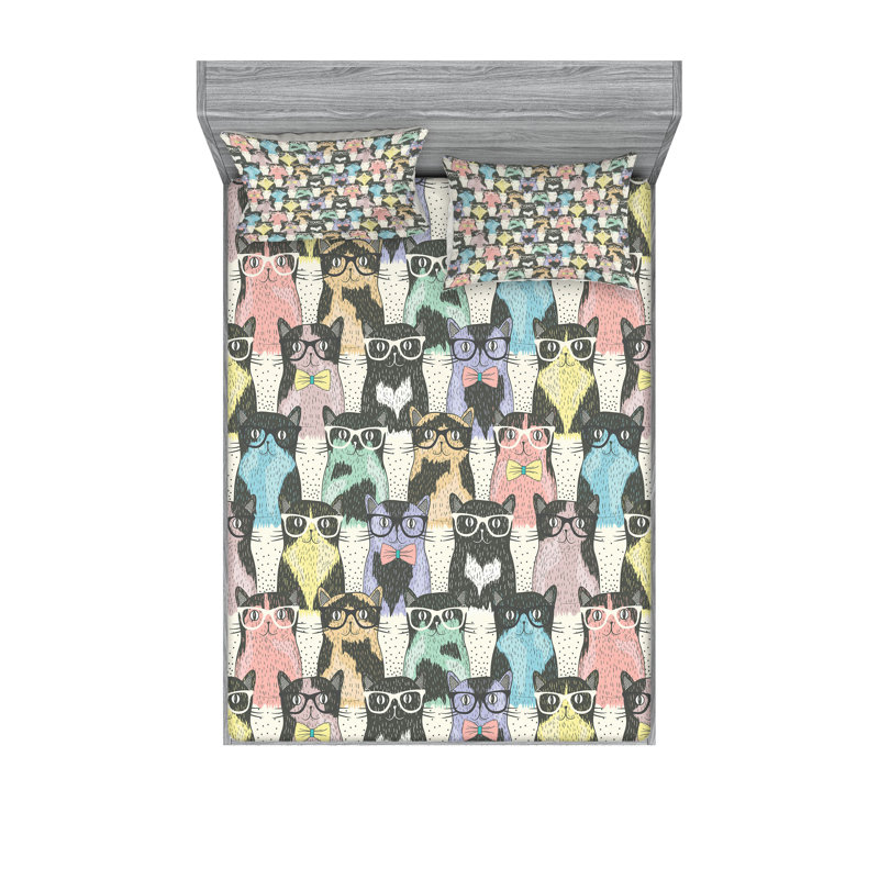 Ambesonne Cats Fitted Sheet & Pillow Sham  Set,  Multicolor, Queen Sheet Set with 4 Pillowcases