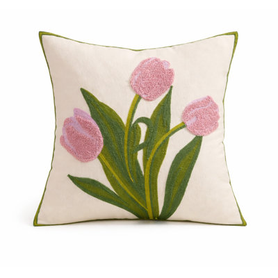 Spring Floral Tulip Hooked Decorative Throw Pillow Cover 18" X 18" – Textured Pink Flower Design Accent Cushion Case, 1-pack