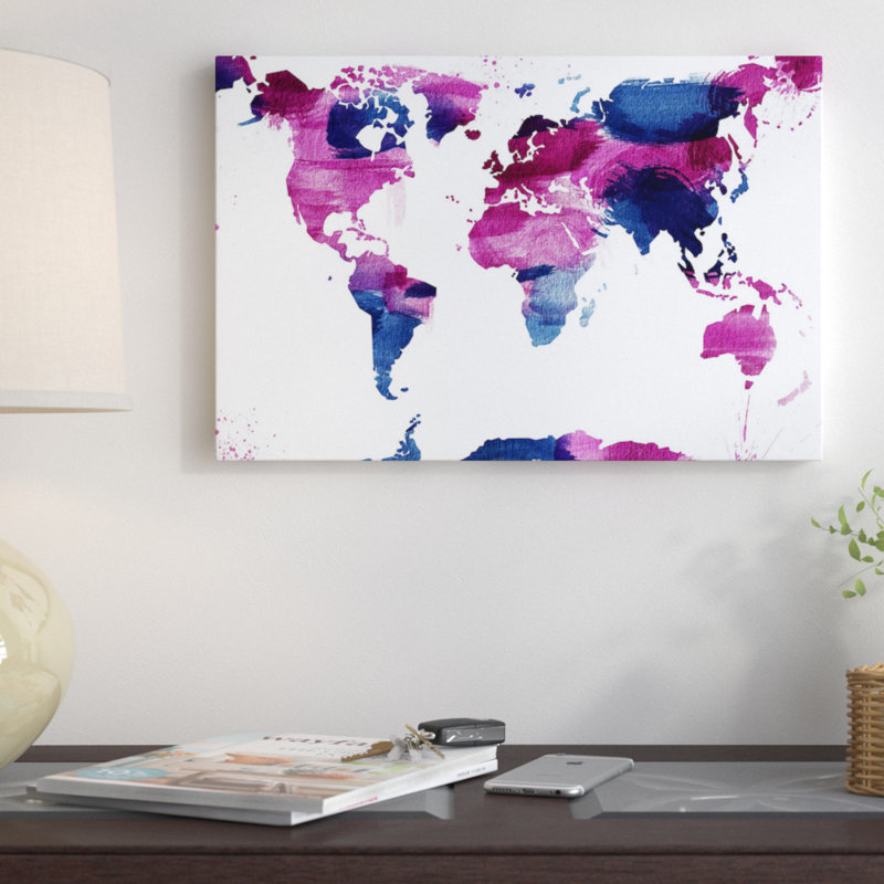 Monde aquarelle - reproduction sur toile tendue, H 40 po x l 60 po x P 1,5 po, Toile tendue, Blanc