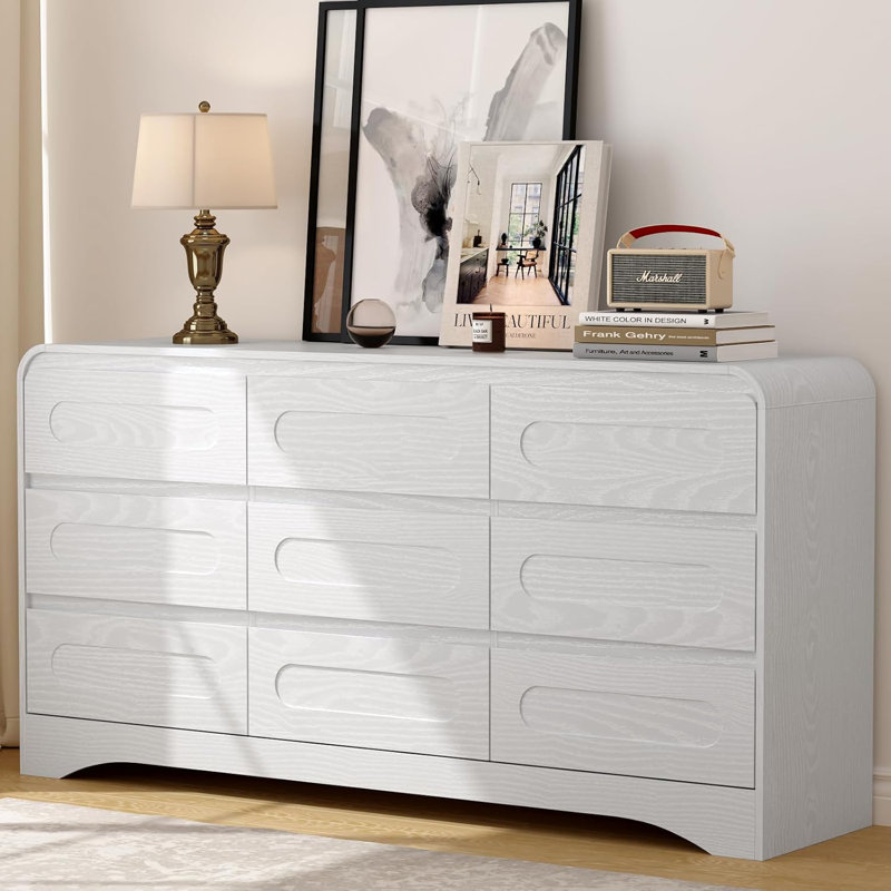 White Dresser For Bedroom With 9 Drawers, 63" Largemodern Dressers & Chest Of Drawers Withcurved Profile Design, Wood Closet Clothes Storage Long Dressers Organizer For Bedroomliving Room Hallway,grey