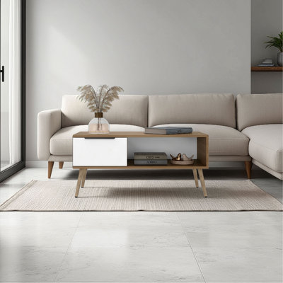 Table basse Basset, 1 tiroir, 1 tablette, 4 pieds, chêne naturel / blanc