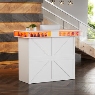 Reception Desk With Led Lights, 55-inch Front Counter Table With Lockable Drawer & Glass Display Shelf, Reception Room Table With Cable Grommet For Checkout, Lobby, Beauty Salon