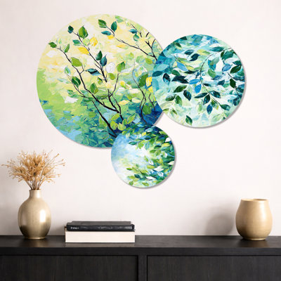 Été, branches vertes dans le vent - ensemble d'art mural en métal imprimé botanique de 3