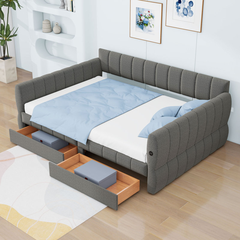 Grand lit de jour rembourré avec 2 tiroirs et ports USB, Gris