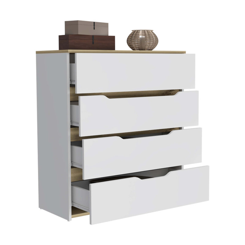 Commode California, quatre tiroirs spacieux, plateau supérieur, Blanc / Chêne clair