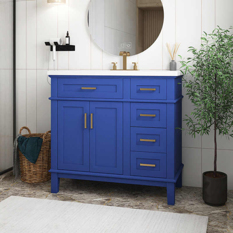 Meuble-lavabo moderne en panneau de fibres à densité moyenne avec lavabo en céramique, portes à fermeture douce, 4 tiroirs de rangement, conception élégante pour les petites salles de bain