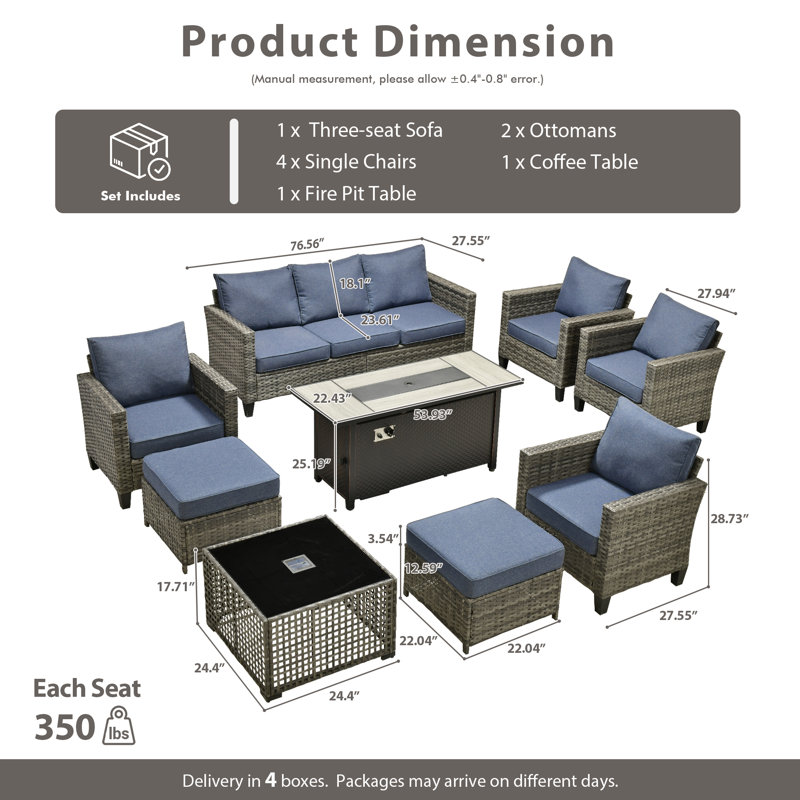 Allcot 7 - Person Wicker Outdoor Conversation Set, Patio Fire Pit Set with Lighted Coffee Table and Cushions, Blue