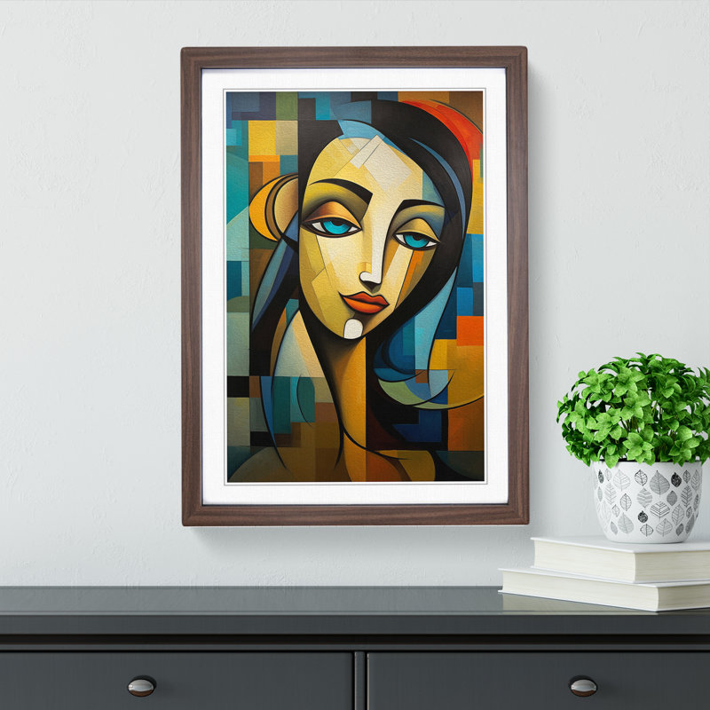 Indian Woman Cubism Art - Framed Print, Walnut Framed, 46cm H x 34cm W x 2cm D