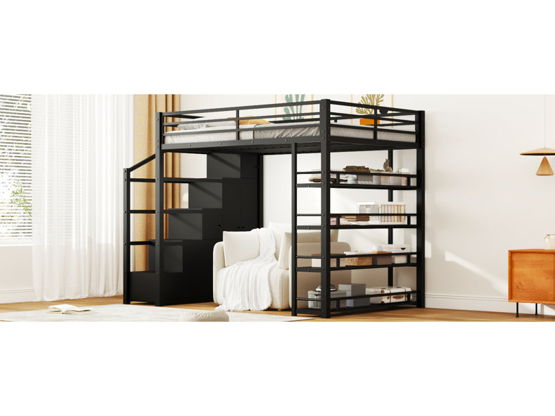 Grand lit mezzanine en métal avec tablettes de rangement, armoires et garde-robe, noir, Queen