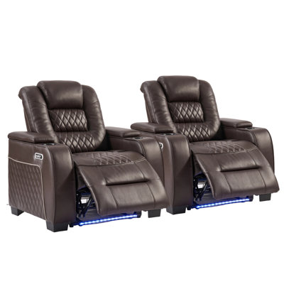 38" Wide Modern Faux Leather Electric Recliner Home Theater Seating With Power Headrest, LED Base Lighting, Cup Holders & USB Charging(Set Of 2)