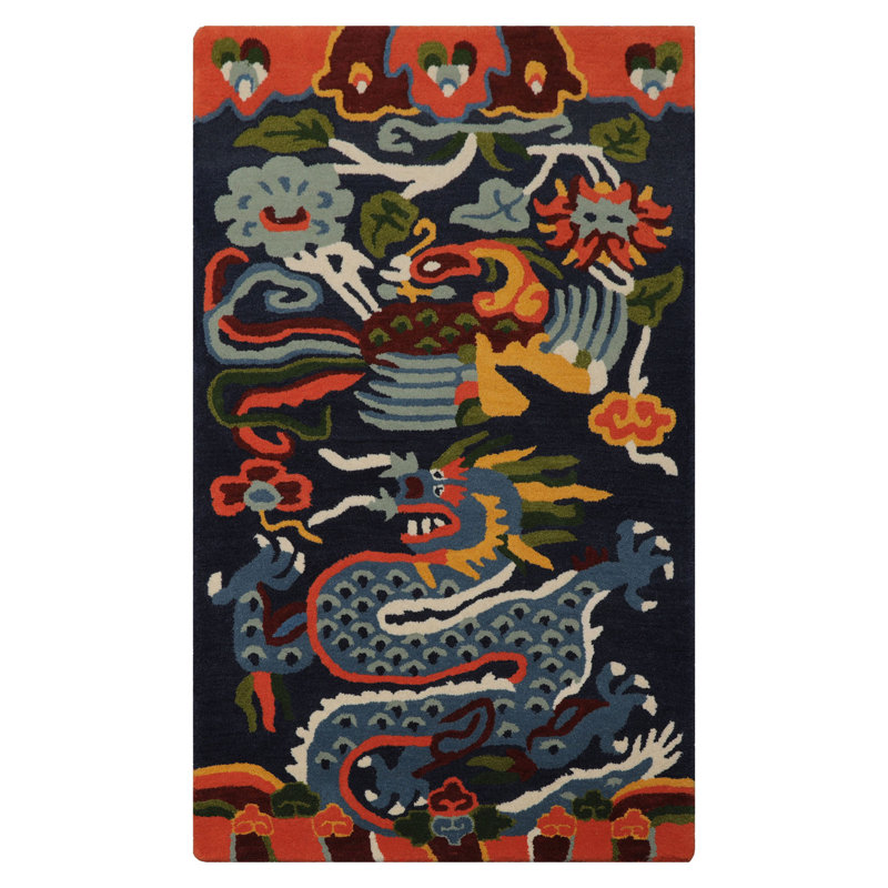 Tapis bleu marine en laine touffeté à la main 3 x 5, Rectangulaire 3 pi x 5 pi