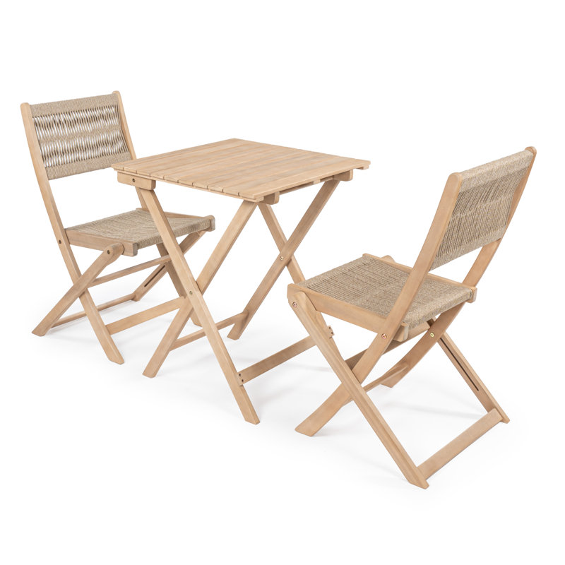 Javea Bohemian 3-Piece Light Teak Acacia Wood Outdoor Folding Bistro Set with Cream Woven Rope Seats, Balcony and Patio Furniture