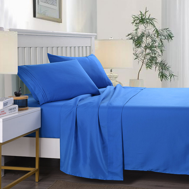 Ensemble de draps 4 pièces en microfibre brossée douce, pour lit simple / double / grand / très grand, Double, Bleu