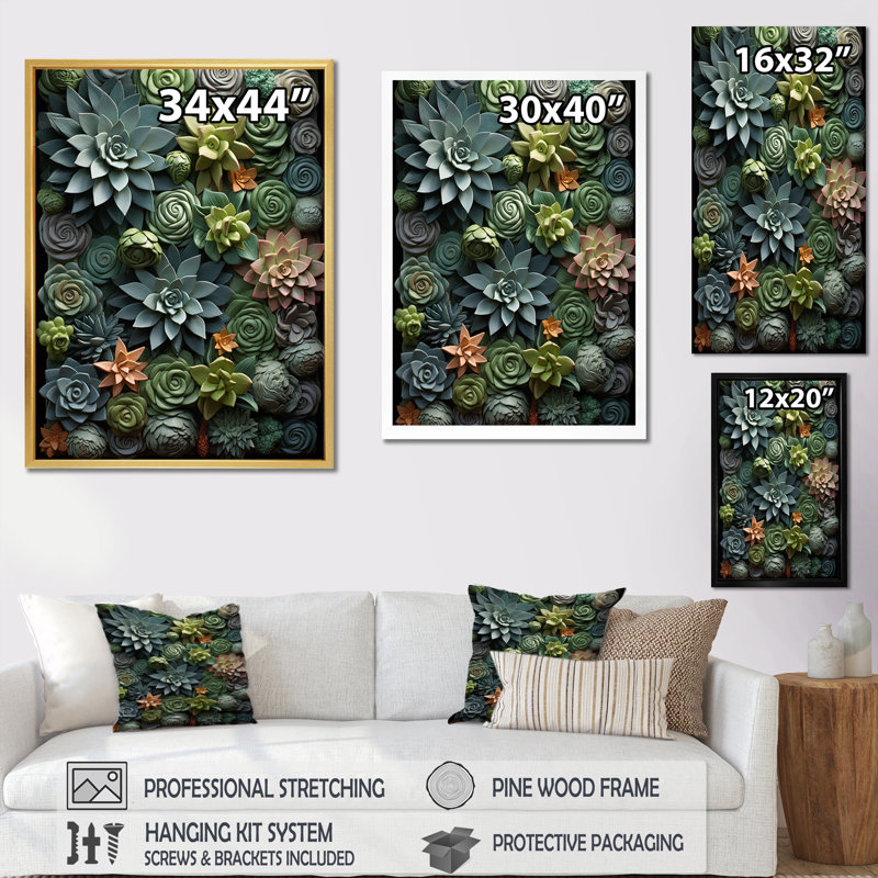 «Jelisia Green Succulents Natures», reproduction sur toile, H 44 po x l 34 po x P 1,5 po, Encadrement argenté