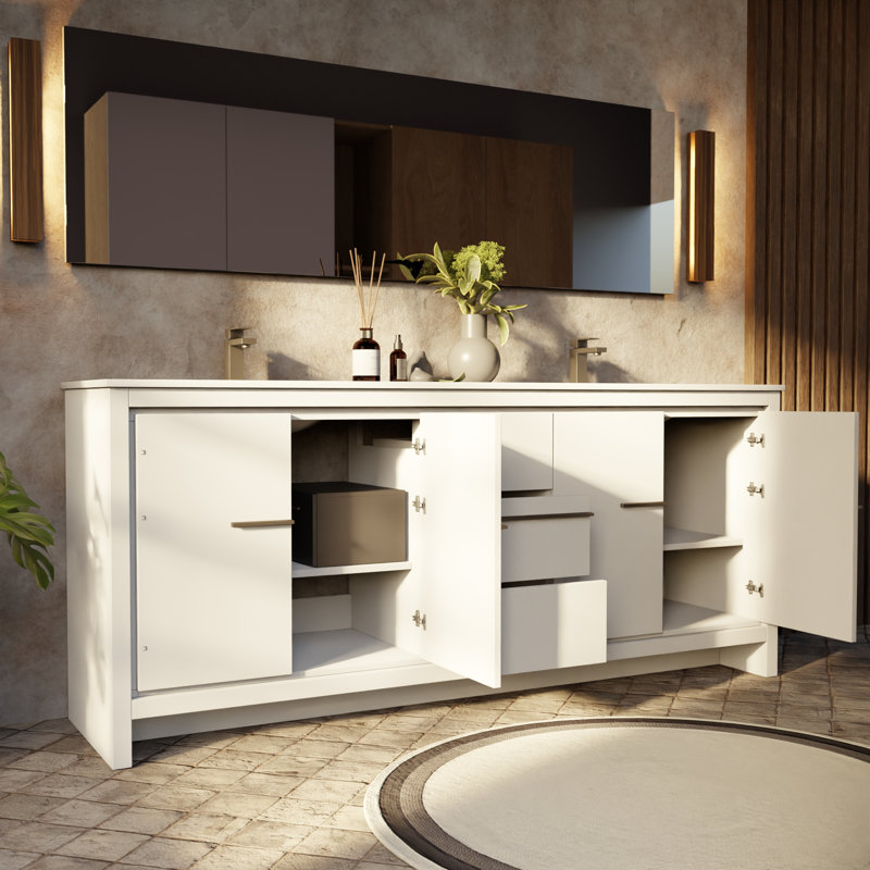 Ensemble de meuble-lavabo double 80 "avec miroir Lafarre, Blanc, Quartz blanc