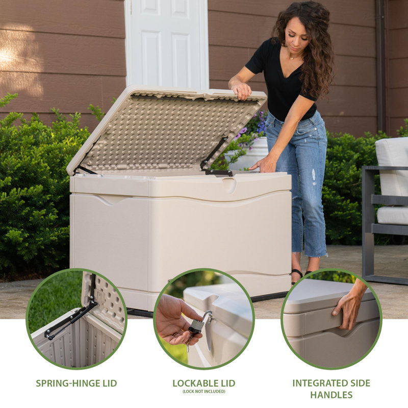Lifetime Water Resistant Plastic Lockable Deck Box, 80 Gallon, Desert Sand