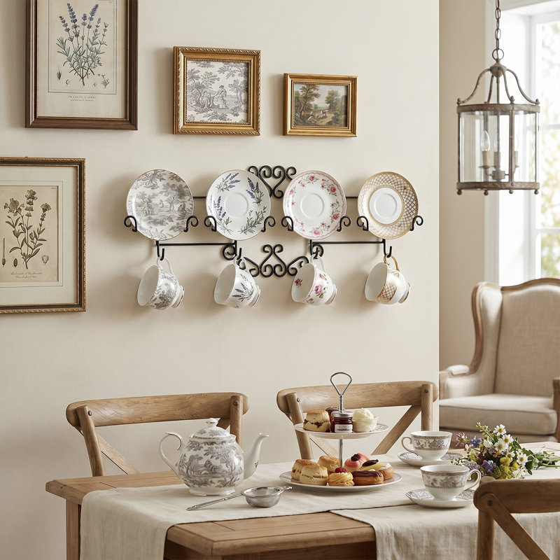 Vintage Wall Mounted Plate Rack, Black Metal Tea Cup and Mug Display Shelf with Hanging Hooks