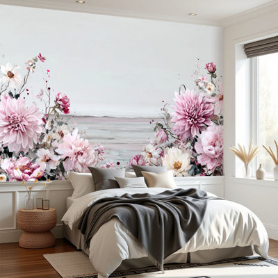 Papier peint floral à peler et coller floral, impressionnant, fleurs murales, aquarelle, champ H 69 po x l 96 po, amovible, papier peint mural auto-adhésif pour chambre à coucher, bureau à domicile