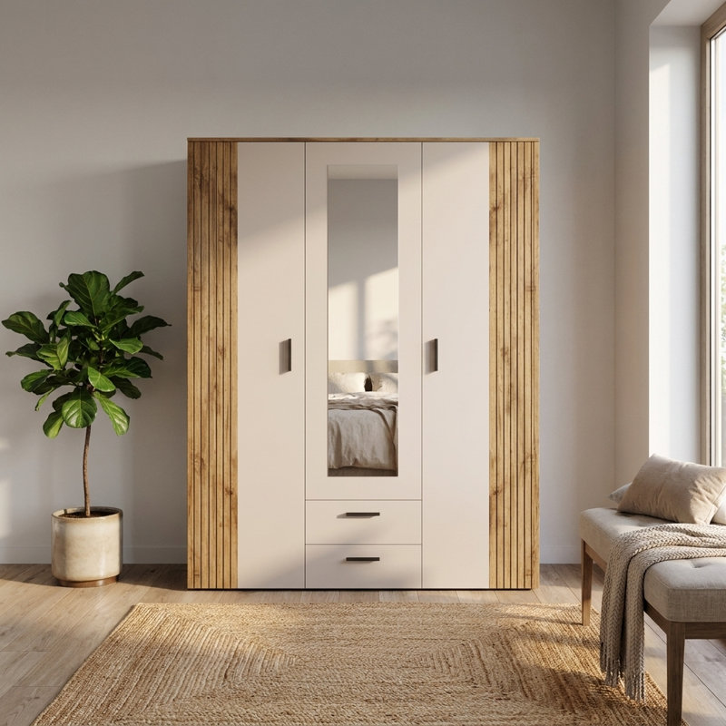 Armoire 3 portes avec miroir et tiroirs Cadix, armoire de 59 pouces de large avec tringle et tablettes, Cashmere