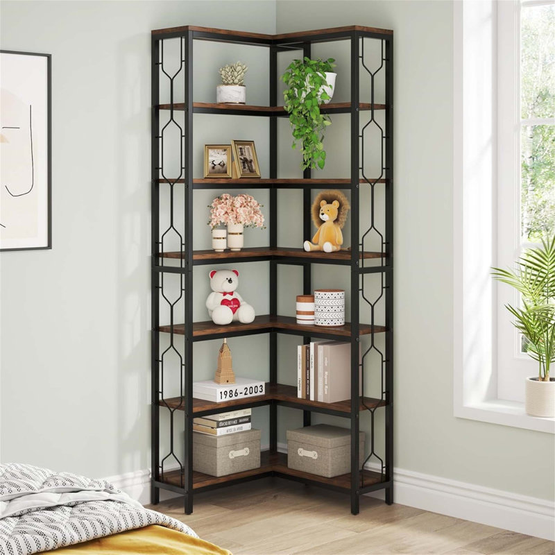 Bibliothèque de coin rustique industrielle à 7 niveaux avec design hexagonal pour bureau à domicile et salon, tablette compacte et élégante