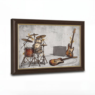 Tableau mural sur toile texturée représentant une batterie et des guitares électriques