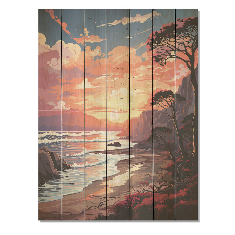 Orange Sunset Bold Beach III - plage sur bois, H 44 po x l 34 po