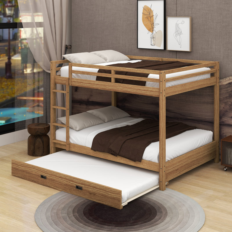 Wood Queen Size Bunk Bed With Ladder And Trundle, Wood