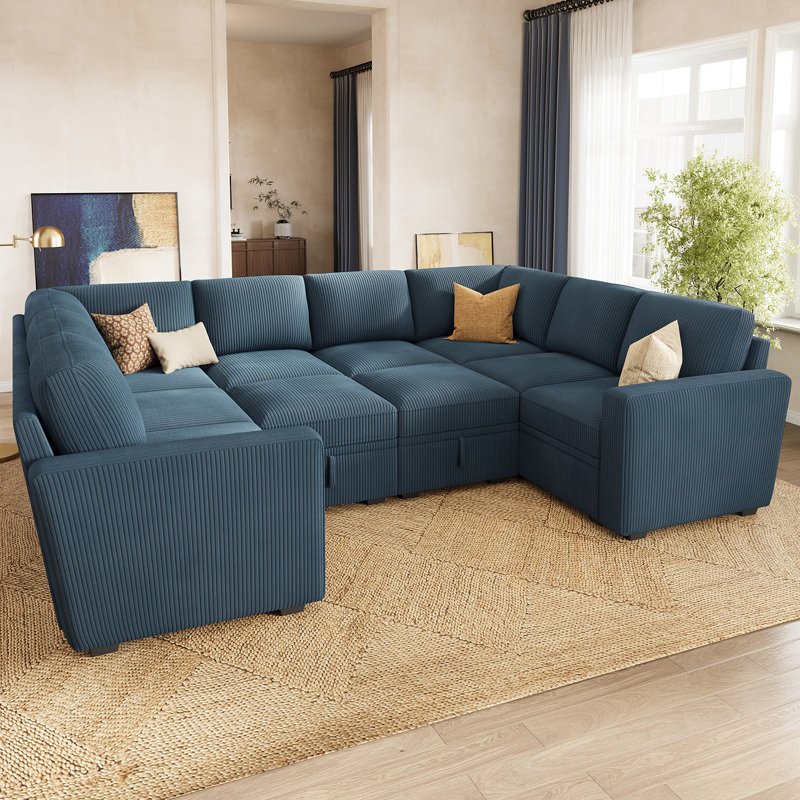 Canapé modulaire en U avec rangement Abramson, Velours côtelé bleu