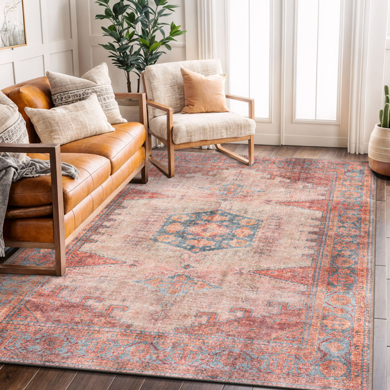 Griffey Vintage Boho Machine Washable Red/Blue Non-Slip Backing Area Rug, Rectangle 10' x 14'