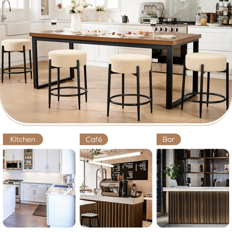 Modern Dining Chairs Set, 23.6" Counter Height Stools with Round Soft Padded Boucle Backless Seat, Beige