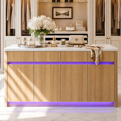 Îlot de placard moderne 72 po avec éclairage DEL intelligent Bluetooth, plateau en marbre imperméable, rangement solide