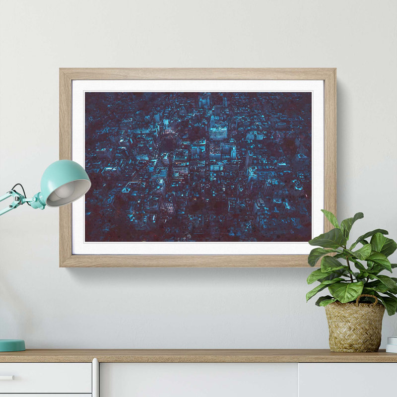 New York at Night - Picture Frame Graphic Art Print, 27cm H x 36cm W x 2cm D, Oak Framed