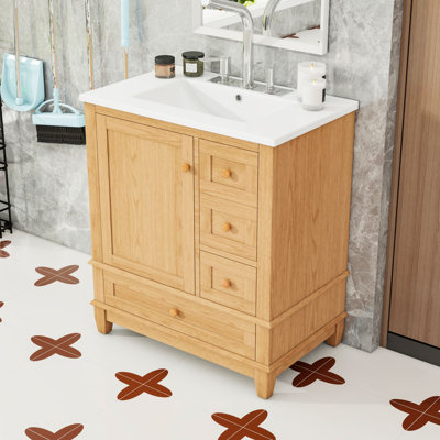 Meuble-lavabo de salle de bain avec lavabo en céramique, 3 tiroirs à fermeture en douceur et rangement de porte et conception à dossier ouvert