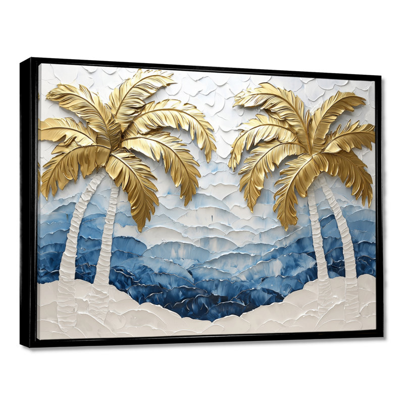 «Cleao Golden Aqua Plams On The Beach I» - art mural palmiers et palmiers, H 34 po x l 44 po, Impression encadrée flottante