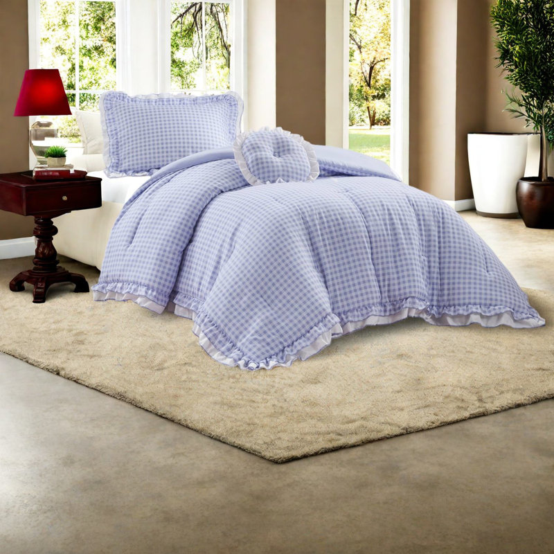 Romantic 3-piece Twin/twin Xl Bedding Sets, Soft Microfiber Comforter With Gingham Ruffles