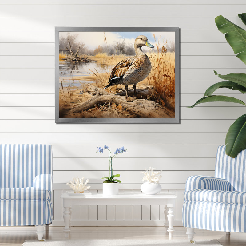 «Waddling Duck In The Countryside II», art mural canard, Cadre de coin argenté fermé, H 30 po x l 40 po x P 1,5 po