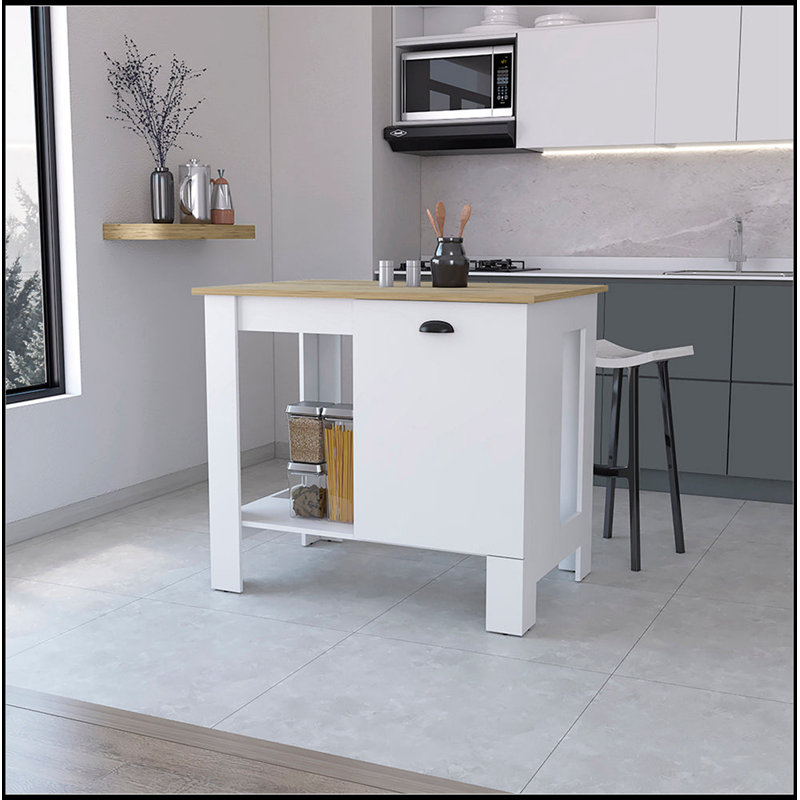 Vancouver 1-Door Kitchen Island with Open Shelf and Macadamia, Perfect for Storage and Display in Modern Kitchens
