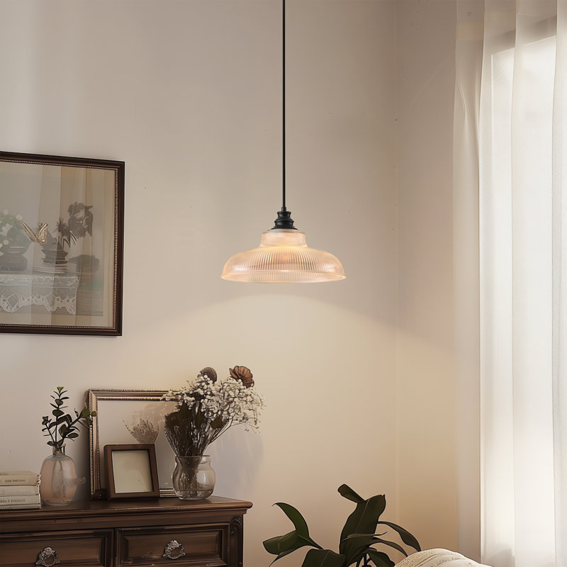 1-Light Dome Ribbed Glass Texture Pendant Light, Matte Black