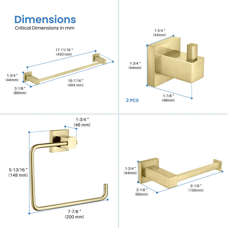 Cube 5 - Piece Bathroom Hardware Set, Brushed Gold