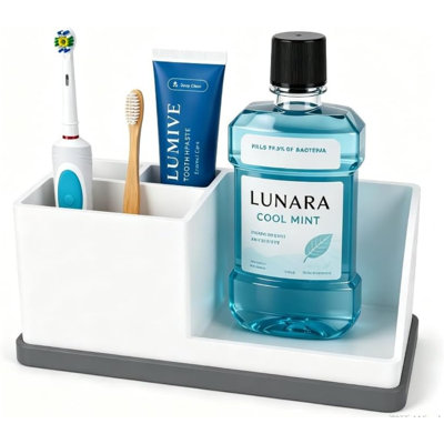 Bathroom Toothbrush Holders, 4 Slots Silicone Counter Organizer Storage With White-Grey, Detachable Anti-Slip Vanity Organizer For Electric Toothbrush, Toothpaste & Phone