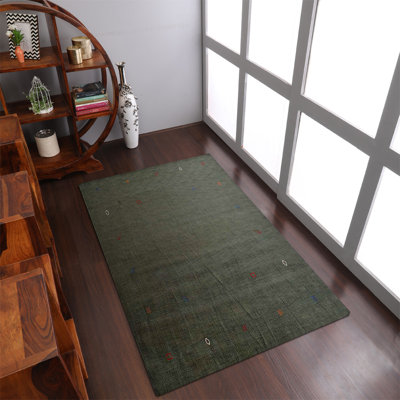 Tapis rectangulaire en laine noué à la main Napavine, rectangulaire, vert, design contemporain