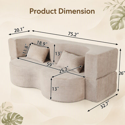 Canapé-lit 2 en 1 pliable, canapé-lit compressible convertible de 75 pouces avec mousse à mémoire de forme et revêtement en fausse fourrure, comprend 2 coussins pour plus de confort