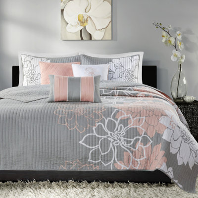 Literie 6 pièces, gris / pêche, double / grand, coton imprimé, douillette réversible, coussins brodés, pièce en coton gris / pêche lavable à la machine, réversible, floral, rembourrage chaud, 3 coussins décoratifs
