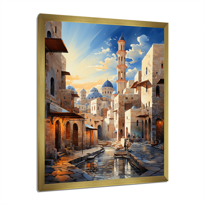 Lyonnie, l'islam, minaret hauteurs sur toile, H 32 po x l 24 po x P 1 po, Encadrement doré