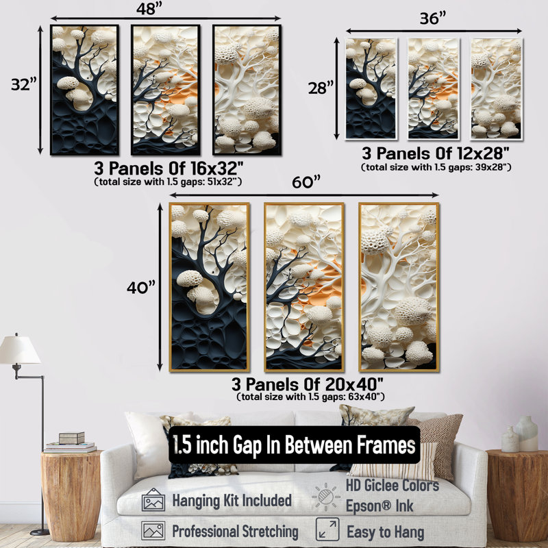 «Abstract Coral Flowers Collage I» - ensemble d'impression d'art mural corail sous l'eau, Cadre flottant doré