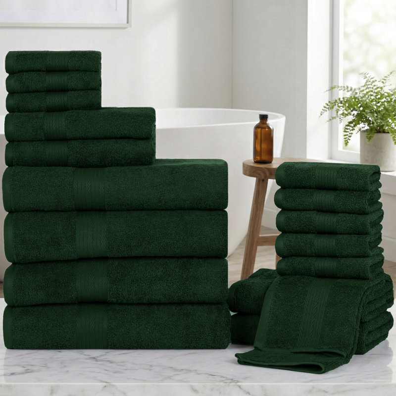 Como Smooth Soft and Thick 100% Cotton Towel Set, Green, Towel Set of 18