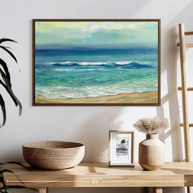 Lever de soleil au bord de la mer serein, 25 po x 17 po, Cadre flottant noyer