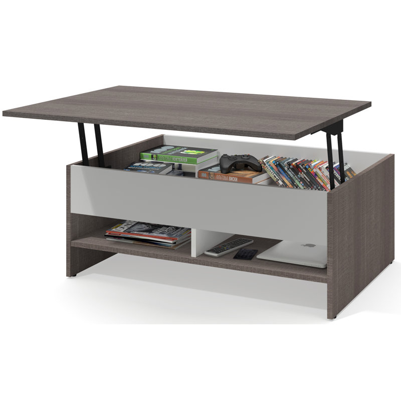 Table basse de style traîneau à plateau relevable avec rangement Jonesborough, Gris écorce / blanc